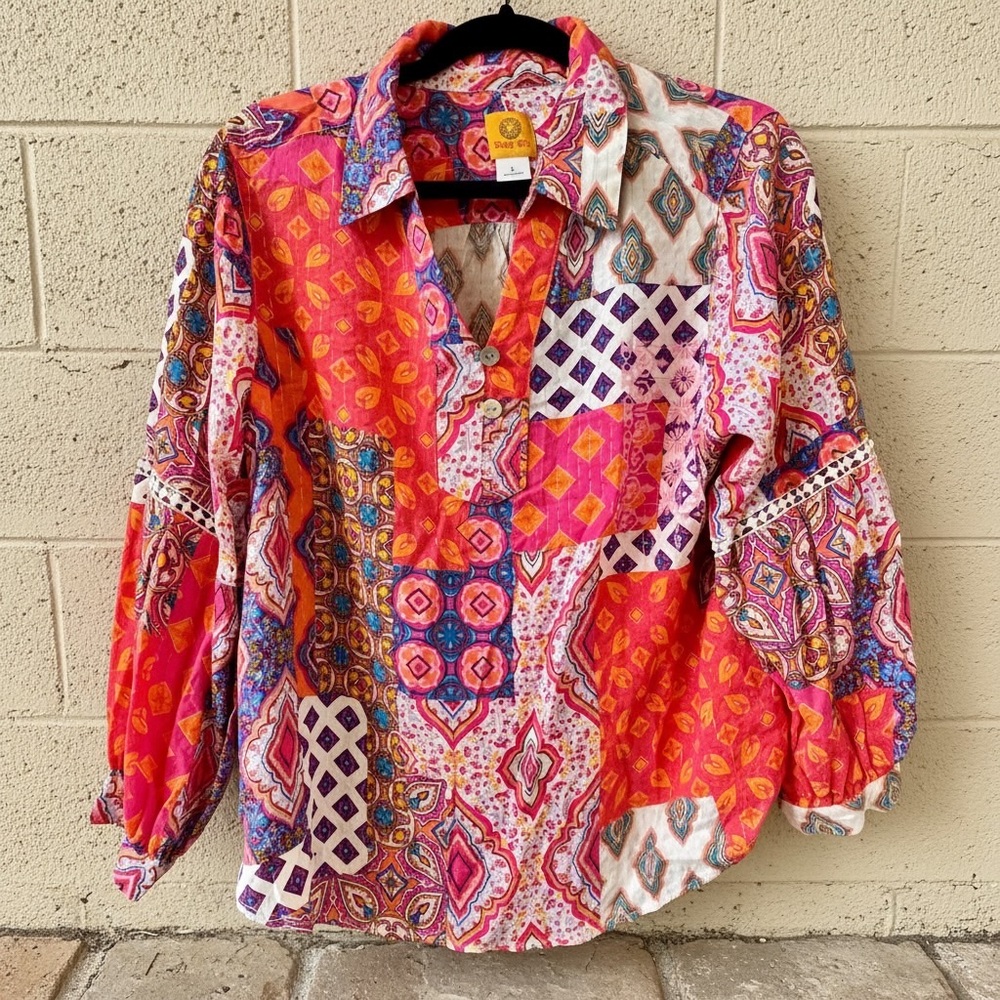 Ruby Rd. Vibrant Patchwork Blouse - Pink, Orange, Purple - Picture 2 of 12